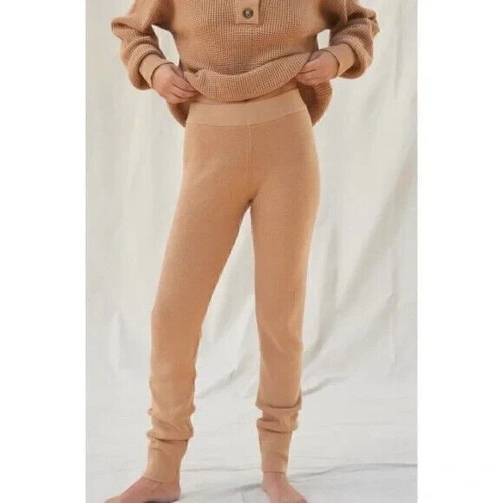 LUNYA Cozy Cotton Silk Waffle Knit Lounge Pants Beige Tan